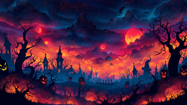Halloween pumpkin lantern in the dark forest spooky graveyard