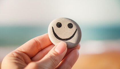 Close-up of a hand with smiling stone on beach in the background. Concept of happy life and positive thinking