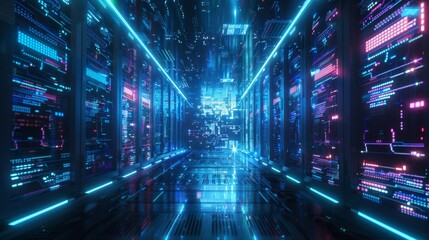 Poster - Server Racks in Dark Room with VFX. Conceptualization of IoT, Data Flow, Digitalization of Online Traffic. High Tech Information Storage Equipment.