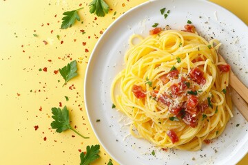 Wall Mural - A Delectable Plate of Spaghetti Carbonara, Ready To Be Savored