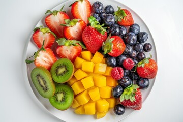 Wall Mural - A Summery Delight of Fresh Fruit Platter With Strawberries, Kiwi, Mango, and Blueberries