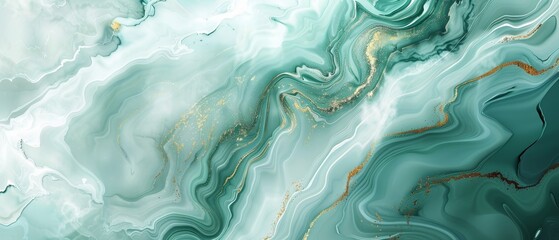 Abstract teal and emerald fluid art painting featuring marble-like swirls and waves, creating a calming and elegant visual effect.