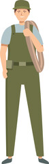 Poster - Smiling plumber holding pipe wearing green overalls and cap illustration