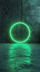 Poster - Neon green circle light against a grungy wall, futuristic minimalistic design concept