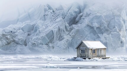 Wall Mural - A fishermens hut stands precariously on the edge of a frozen lake with huge ice shoves looming in the background a reminder of natures constant changes.