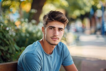 Young Man in Blue Shirt Outdoors. Generative AI.