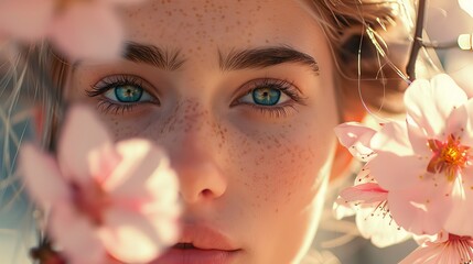 Wall Mural - Young woman's captivating gaze surrounded by delicate cherry blossoms in bloom