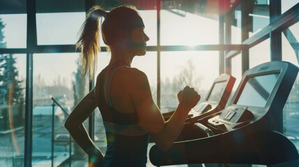 Wall Mural - A woman runs on a treadmill in a gym with large windows, bathed in morning sunlight, symbolizing determination and fitness.