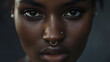© VK Studio - A stark, bold close-up showcasing an intense gaze in dark eyes with nose piercings, emphasizing raw emotion and striking details.