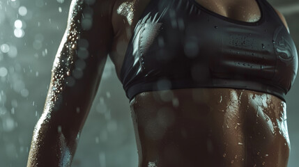 Wall Mural - Close-up of a fit, athletic woman with a muscular, toned body, glistening with sweat, highlighting strength and physical endurance.