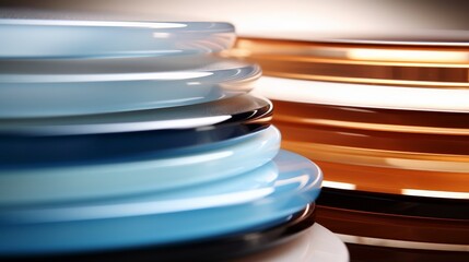 Close-up of stacked glass disks in blue and amber colors. Abstract arrangement of smooth, round objects with a modern design.