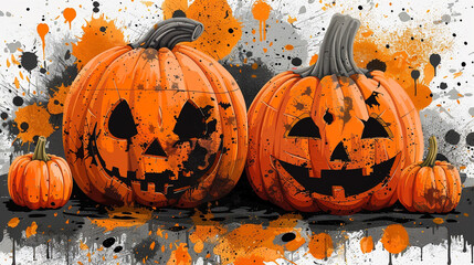 Wall Mural - halloween pumpkins with water coloring drops on the background
