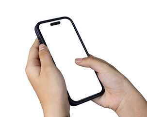 hand holding mobile phone with blank screen, isolated on transparent background. png file