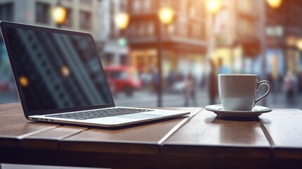 Cozy outdoor cafe with a modern laptop and coffee cup on wooden table overlooking city street during evening time.