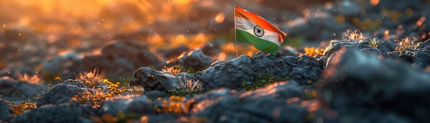 Indian flag on rocky terrain under sunset light, symbolizing resilience and patriotism. independence day concept