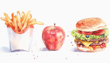 Watercolor illustration of French fries, an apple, and a burger showcasing a mix of healthy and fast food options on a white background.