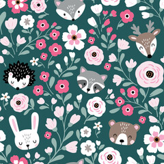 Wall Mural - Seamless vector pattern with cute woodland animal heads on floral background. Hand drawn illustration. Perfect for textile, wallpaper or nursery print design.