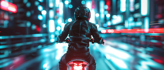 A motorcyclist speeds through a luminous cityscape at night, with bright lights blurring in the background, conveying speed and excitement.