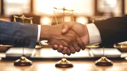 Attorney and client shaking hands in a law office, with scales of justice and legal emblem visible, symbolizing trust and legal order