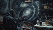 © ธนากร บัวพรหม - Darkrobed artist working on a spacethemed painting in a shadowy studio, with swirling stars and galaxies, Surreal, Digital Art, Dark Atmosphere, High Definition 8K , high-resolution, ultra HD,up32K HD