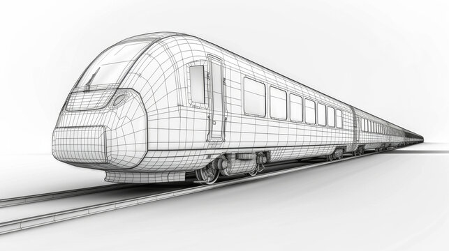 Detailed wireframe model of a modern train, showcasing the technical design and structure on a white background.