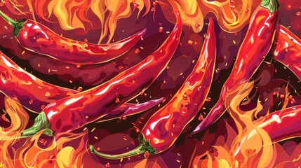 Graphic illustration of red chilies with flames surrounding them symbolizing their extreme heat and fiery flavor