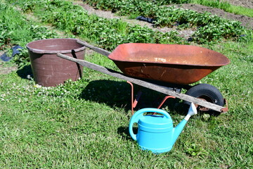 Wall Mural - Watering Can by a Wheelbarrow