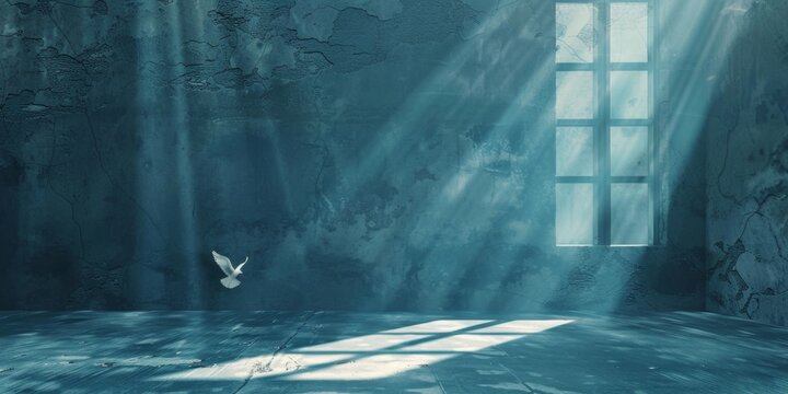 Empty room with light beams and window shadows, abstract grunge style concrete blank studio background, cyan blue spotlight dark scene, cross glowing in the room, white dove flying to the cross, for p