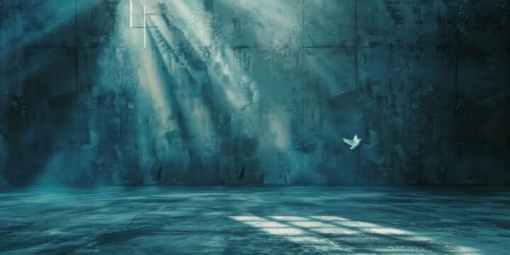 Empty room with light beams and window shadows, abstract grunge style concrete blank studio background, cyan blue spotlight dark scene, cross glowing in the room, white dove flying to the cross, for p