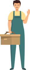 Poster - Repairman carrying a toolbox is waving his hand, ready to start a new job