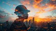 © ธนากร บัวพรหม - Double exposure of a construction workers silhouette with a cityscape at sunset, blending technology and urban development, Futuristic, Photography, Warm Colors, High Detail 8K , high-resolution, ultr