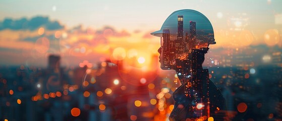 Wall Mural - Profile of an engineer with city lights and sunset in the background, creating a double exposure effect to symbolize urban progress, Modern, Photography, Bright Tones, Detailed 8K , high-resolution, u