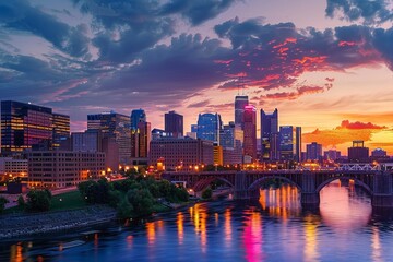 Dramatic twilight hues illuminate the cityscape.