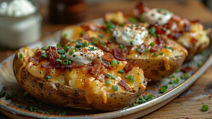 Wall Mural - Baked potatoes stuffed with cheese, bacon, sour cream, and green onions, arranged on a plate