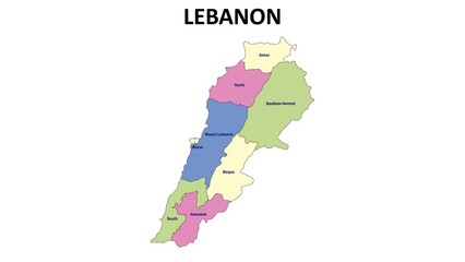 Poster - Lebanon Map. State and union territories of Lebanon. Detailed colourful Political map of Lebanon with Country capital and important cities. Political map of Lebanon with neighbouring country.