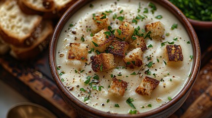 Wall Mural - Top view a creamy potato soup served in a beautiful rustic bowl, with a few piece of croutons and a drizzle of cream on top