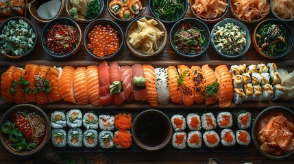 Wall Mural - Top view of dark wooden table full of variety of sushi rolls surrounded by dipping sauces and garnishes