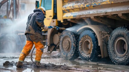 Wall Mural - A worker using a highpressure cleaner to wash away dirt and grime from a dump truck preparing it for a detailed inspection and necessary repairs.