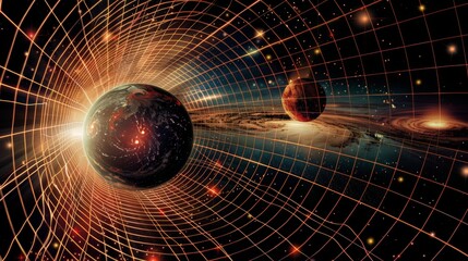 Poster - A detailed diagram explains the principles of general relativity and spacetime curvature.
