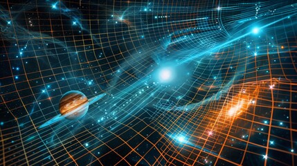 Poster - A detailed diagram explains the principles of general relativity and spacetime curvature.