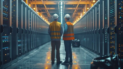 Poster - Two technicians in safety vests and hard hats inspect servers in a modern data center with glowing lights. Saver it digital