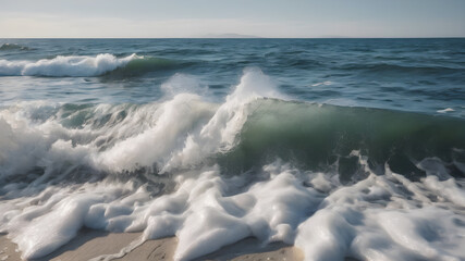 Wall Mural - foamy waves rolling up in ocean, beautiful natural texture of rolling sea waves surf with white foam