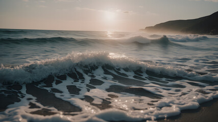 Wall Mural - foamy waves rolling up in ocean, beautiful natural texture of rolling sea waves surf with white foam