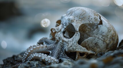 Wall Mural - a majestic octopus taking residence within the hollowed out skull of a fallen whale.