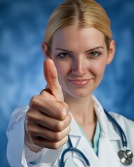 A young smiling doctor shows thumbs up gesture indicating everything is fine. On a white background, isolated