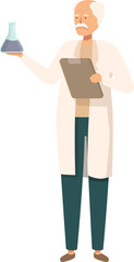 Poster - Senior scientist is holding a flask and a clipboard, taking notes on a chemistry experiment