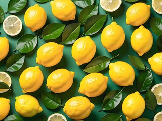 Wall Mural - fresh lemons with leaves on yellow background