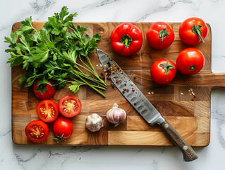 Poster - Fresh parsley and tomatoes on a wooden cutting board with knife