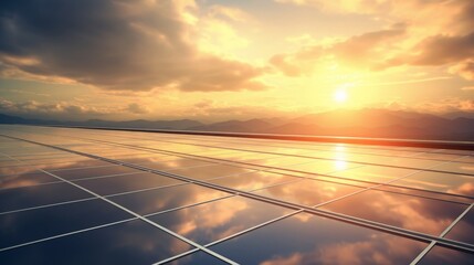 Solar panels at sunset reflecting dramatic skies, symbolizing renewable energy and sustainability in a beautiful natural setting.