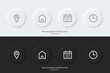 © S and V Design - Appointment sign. A set of black and white round buttons with appointment symbols. Location, address, date and time icon. 3D Neumorphism design style for Websites, Interfaces, and mobile apps. UI UX.